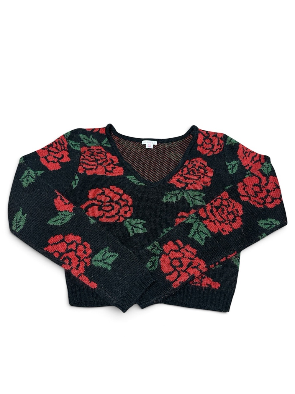 Xhilaration Black V-Neck Sweater with Red Rose Pattern